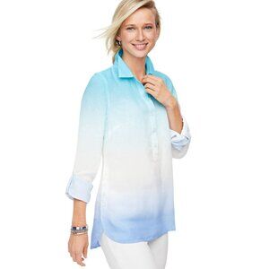 Talbots Linen Top Womens Size 1X Blue Green Dip Dye Ombre Casual Beachy Coastal